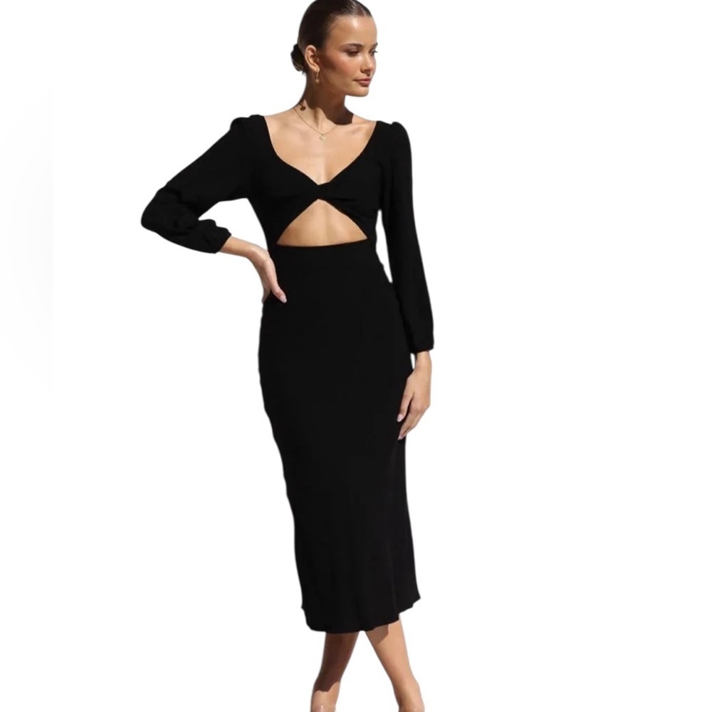 House of Harlow 1960 Sheath Midi Dress Black Cut Out Ribbed Knit Size M - Picture 11 of 11